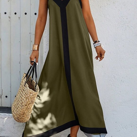 Army Green Casual Women's Color Block Spaghetti Strap Dress - Picture 3 of 5